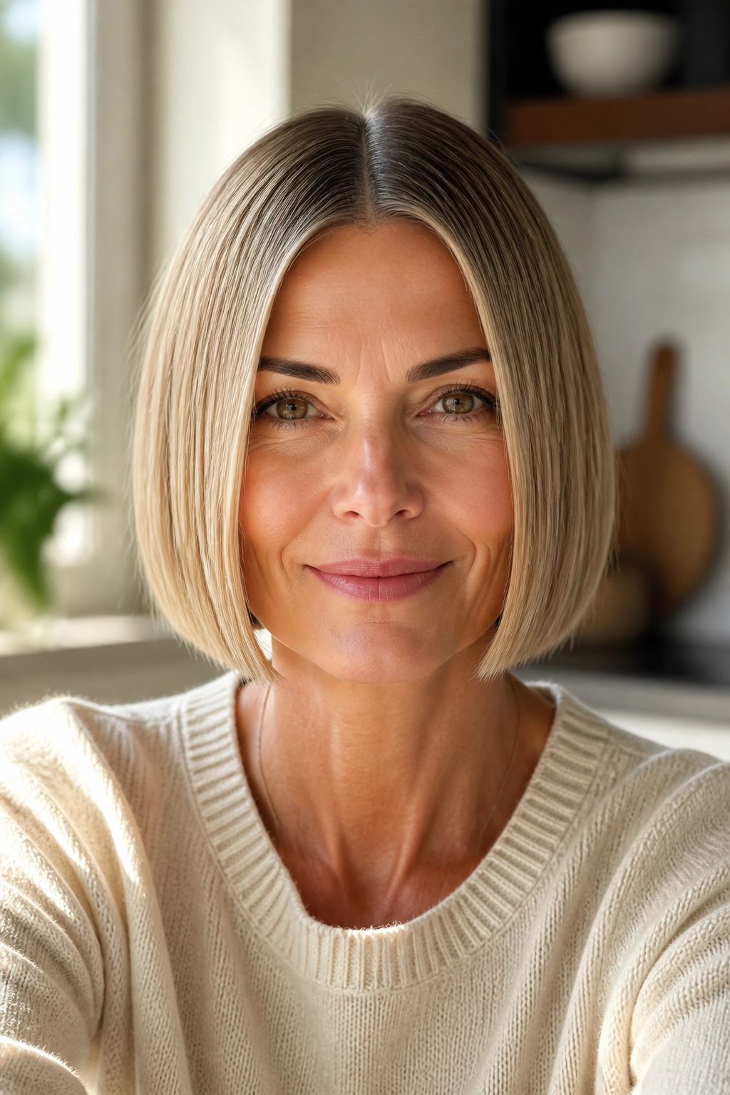 Close-up of a woman with blunt center-part bob