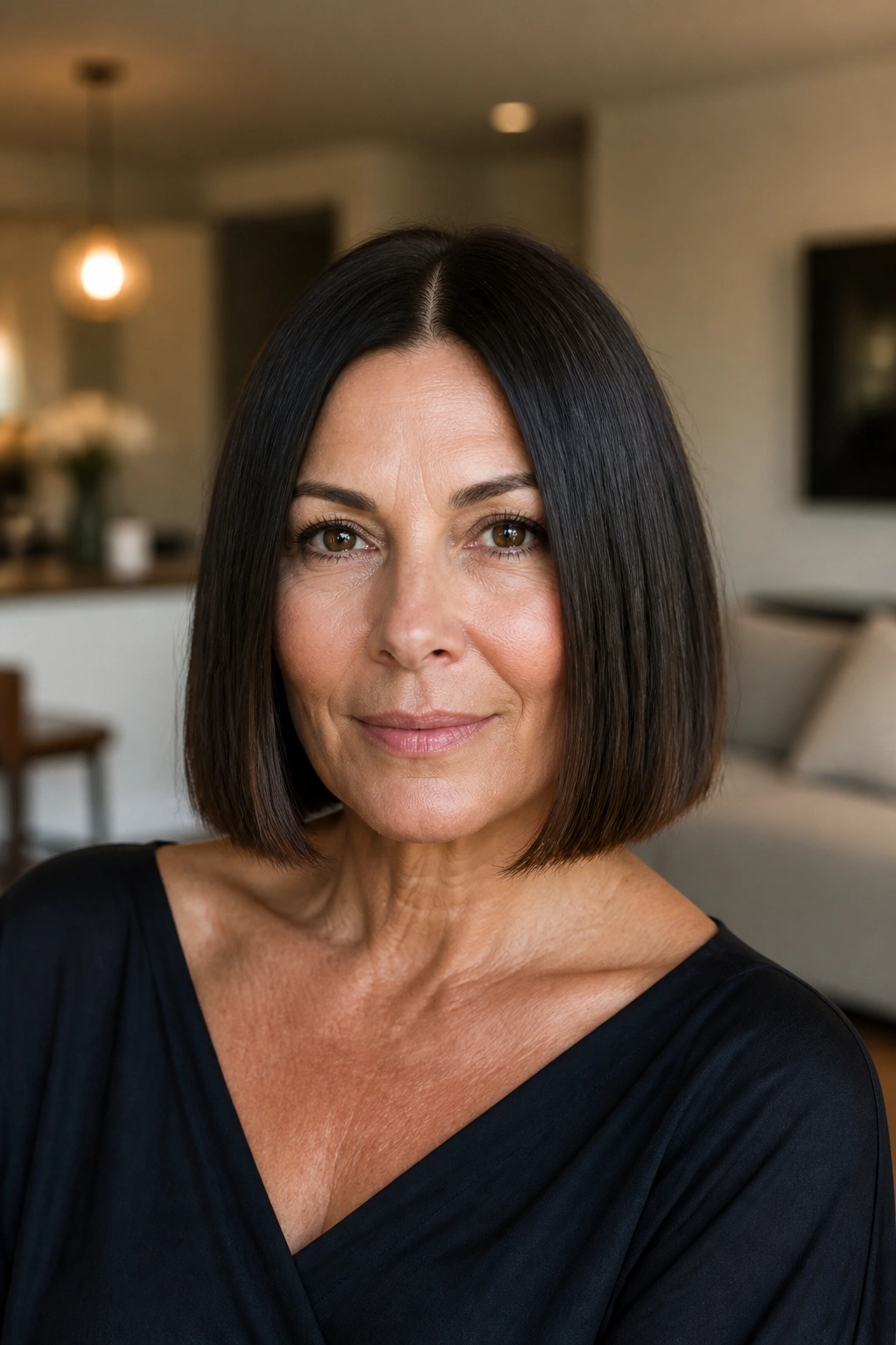 Close-up of a woman with blunt center-part bob in warm indoor light