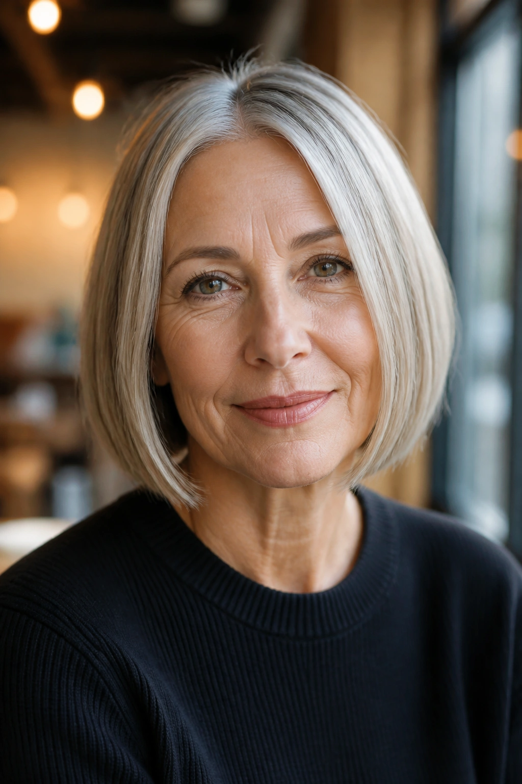Real woman with chin-length blunt bob and crisp line
