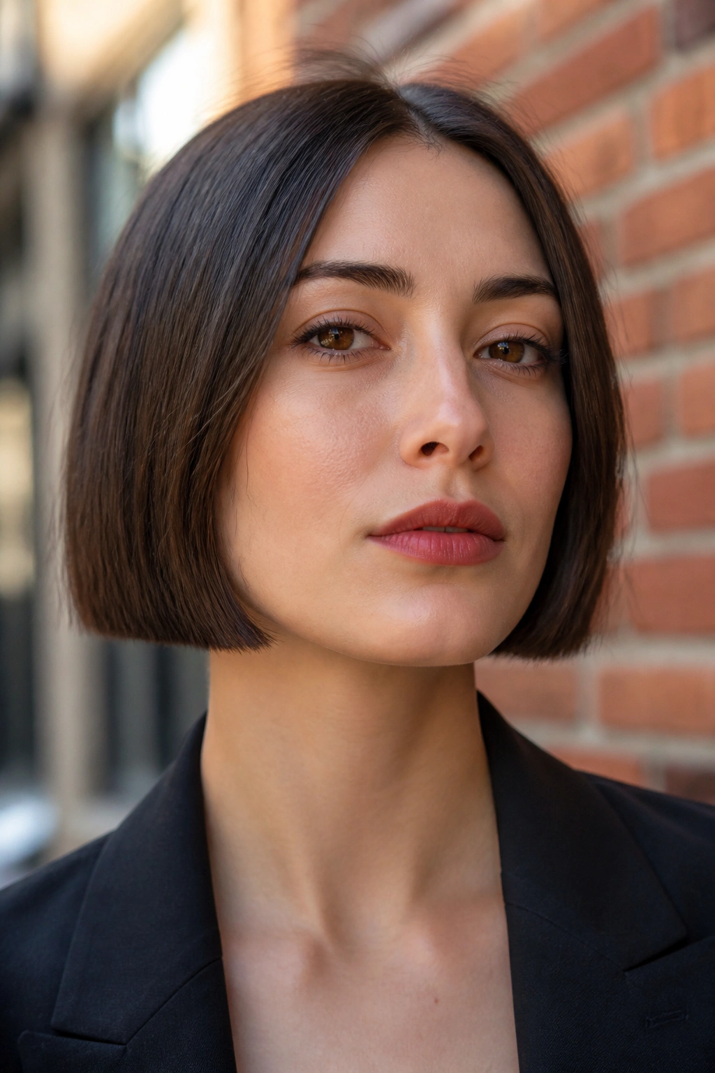 Real woman with a blunt chin-length bob against a brick wall morning light