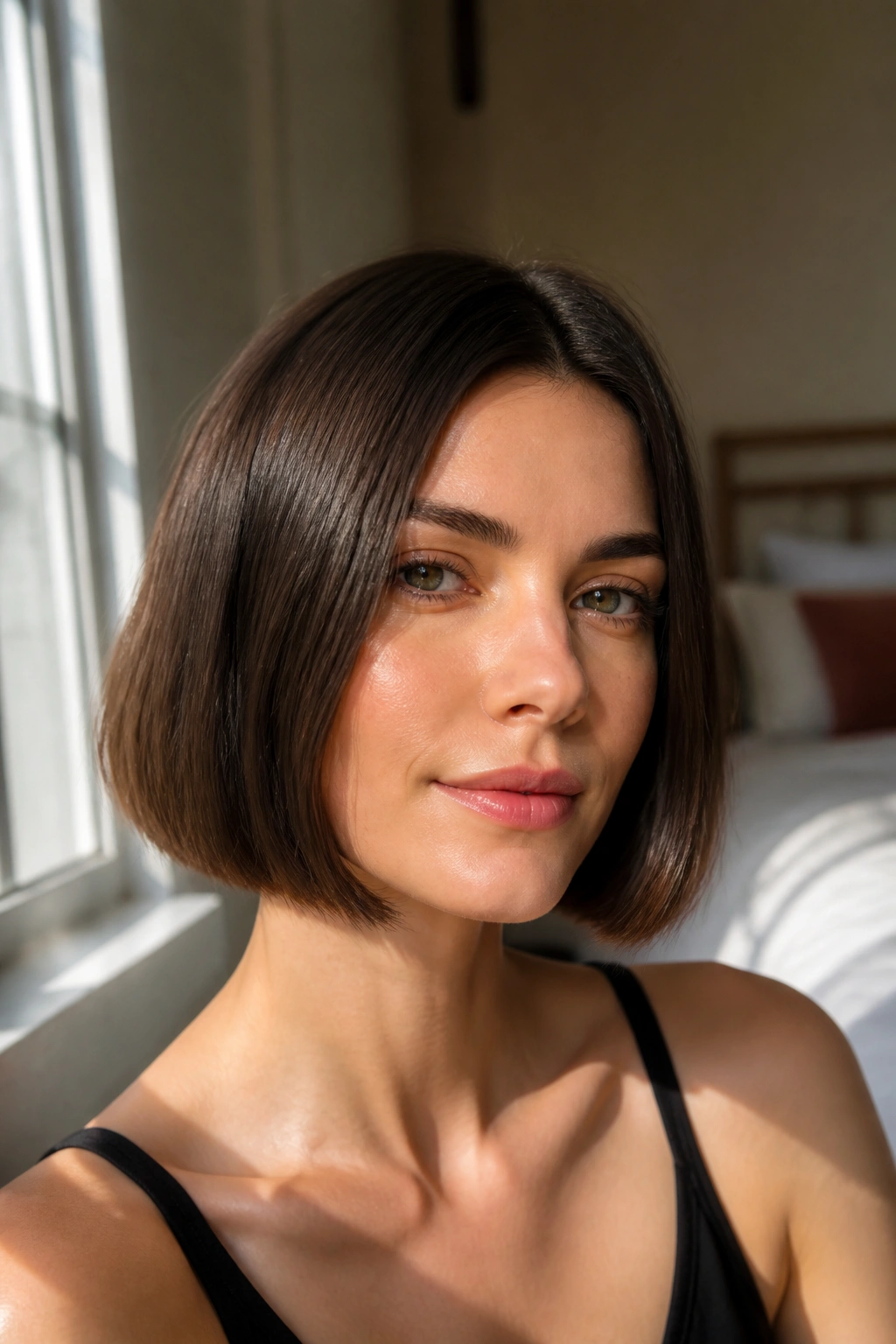 Close-up of a woman with a chin-length blunt bob under soft natural light