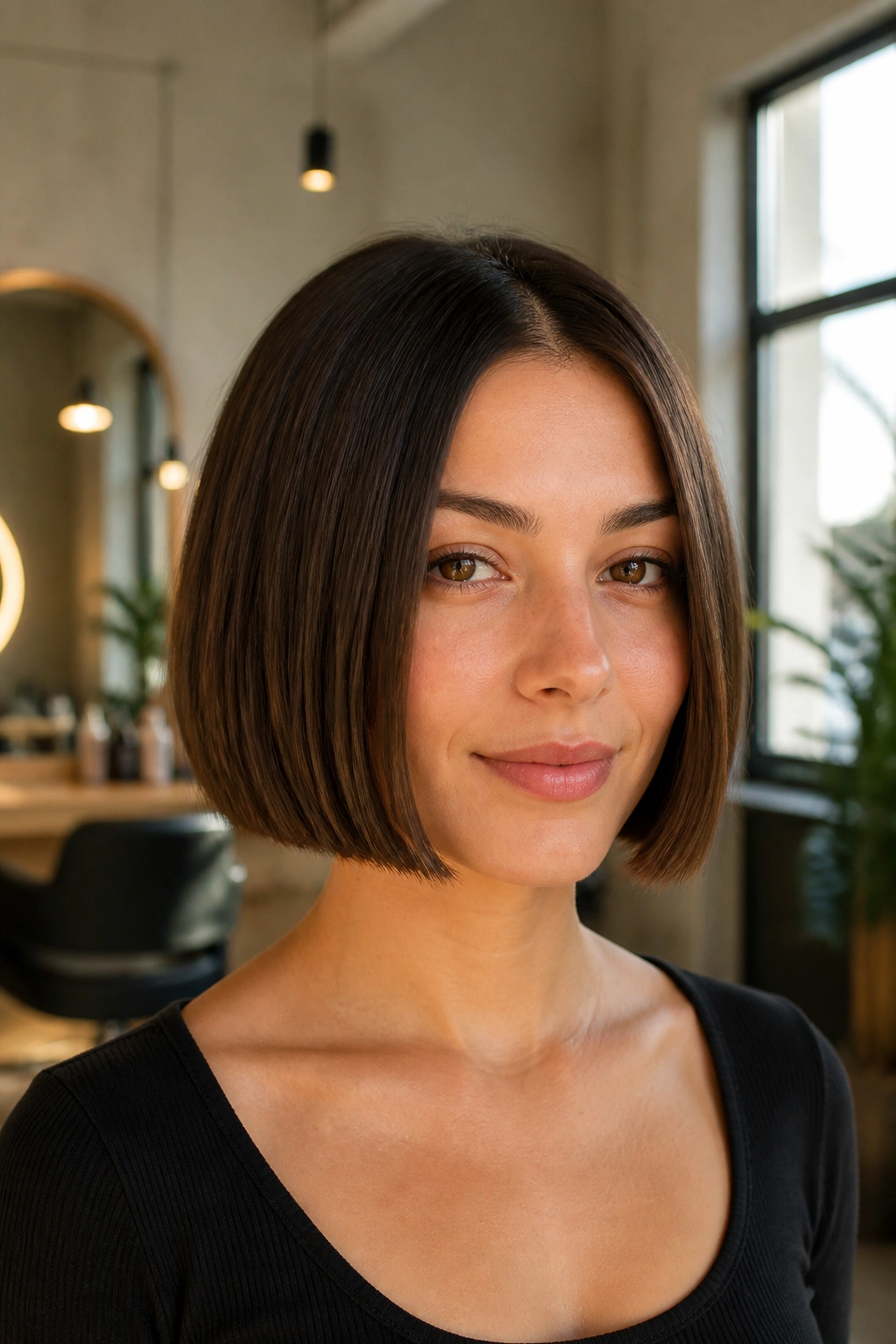Close-up of a real woman with a chin-length blunt bob
