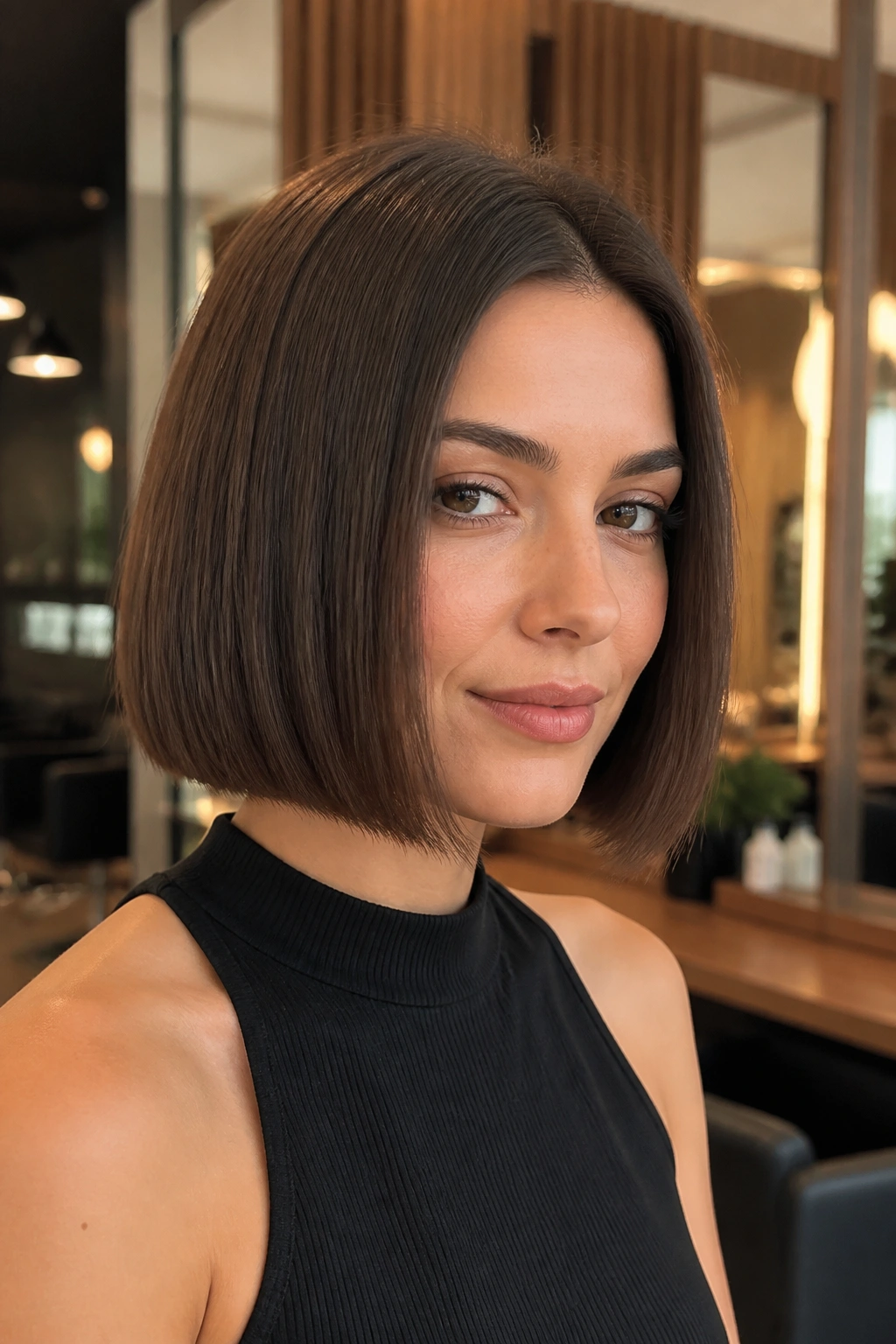 Close-up of a real woman with a blunt chin-length bob under warm salon lighting.