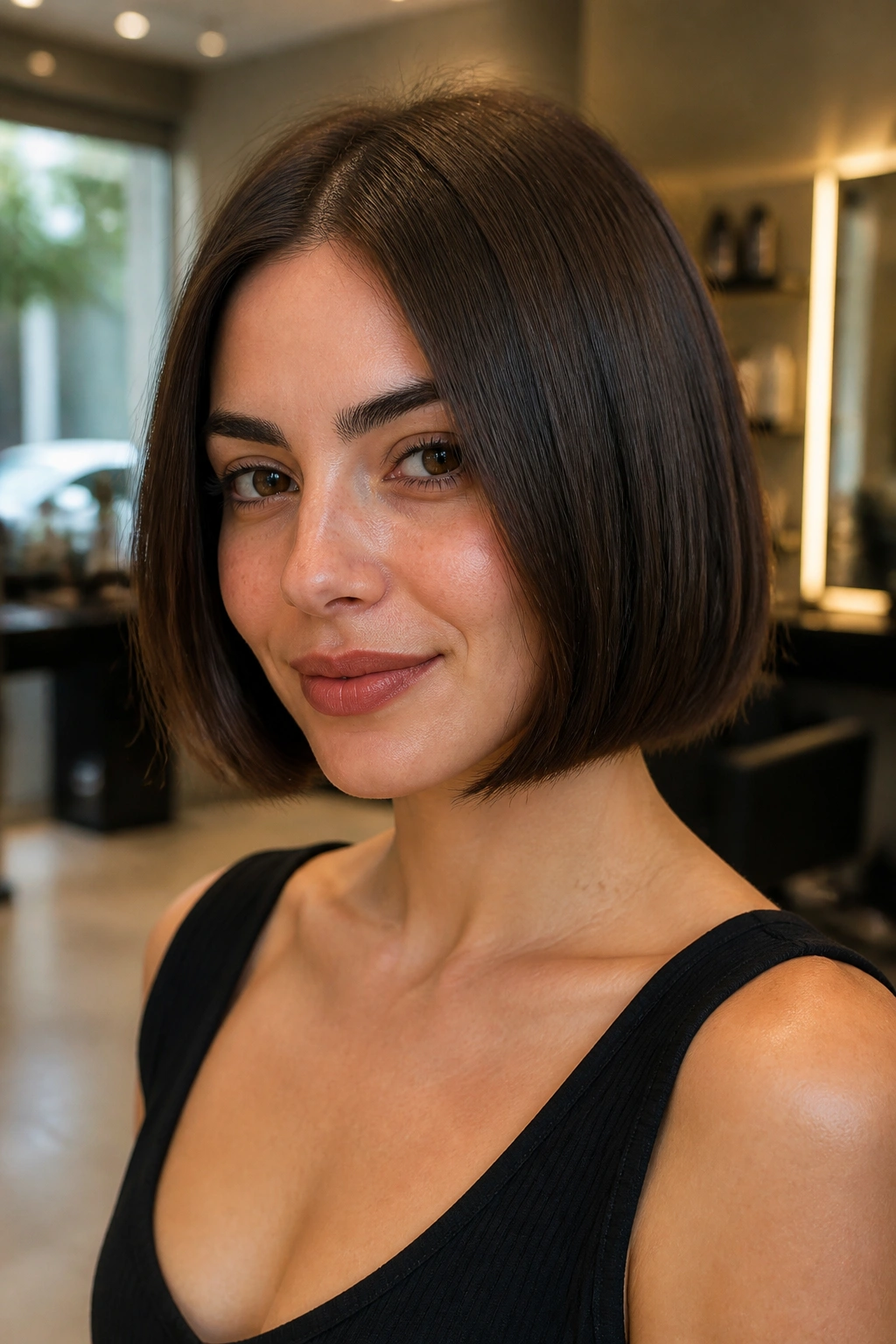 Close-up of a woman with chin-length blunt bob in a modern salon