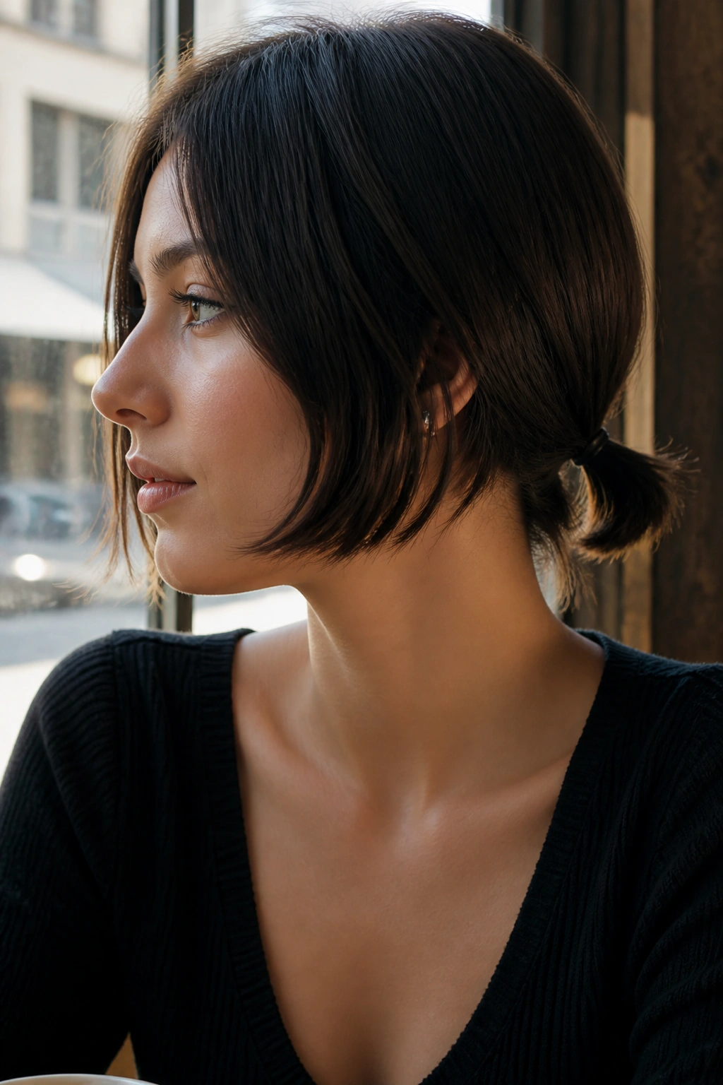 Close-up of chin-length blunt bob with longer nape tied into a tiny pony at the base of the skull