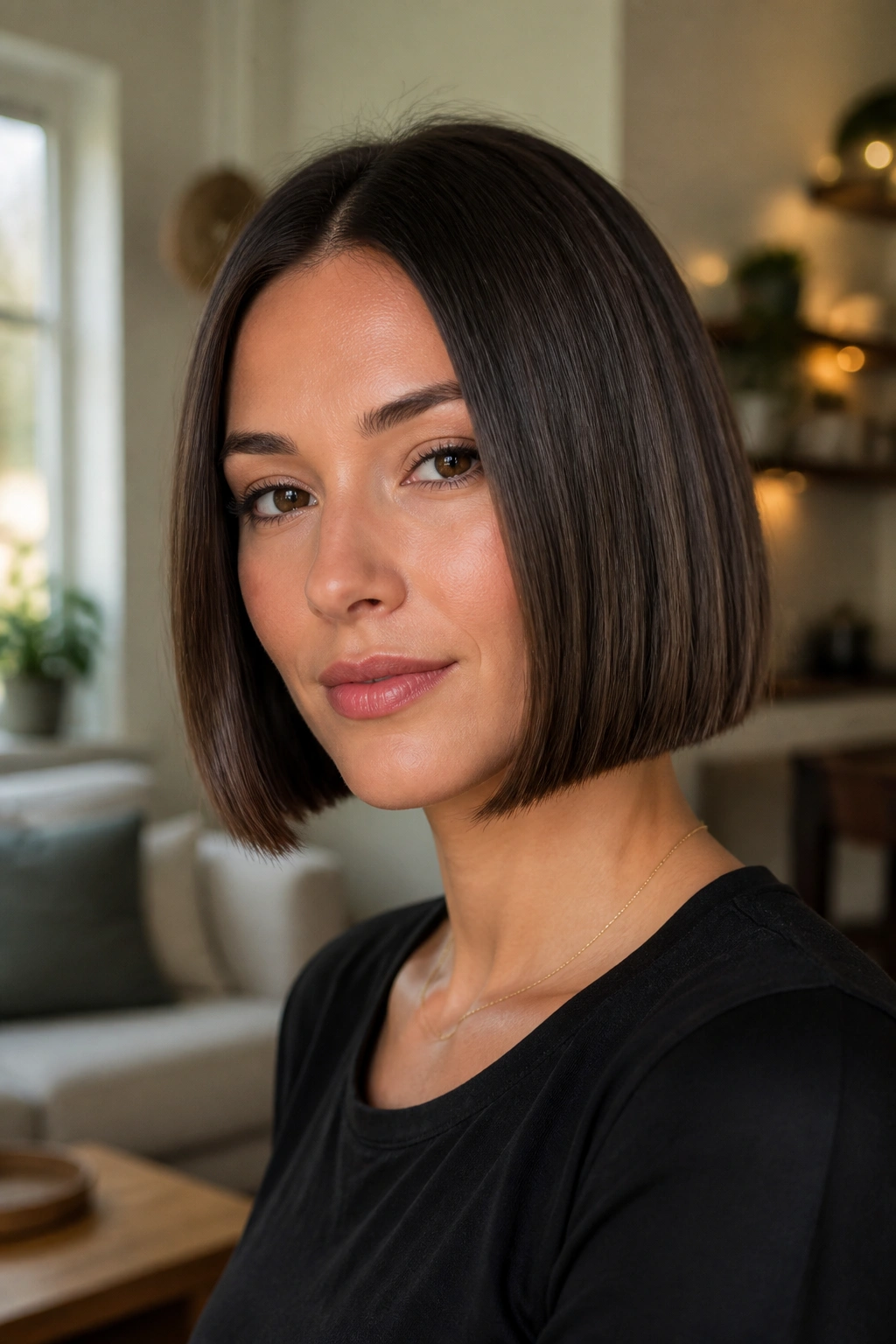 Close-up of a real woman with a chin-length blunt bob on an oval face