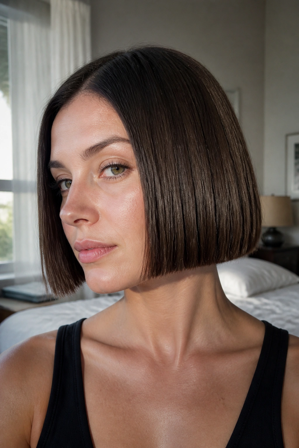 Close-up of a real woman with a classic chin-length blunt bob and sharp edge