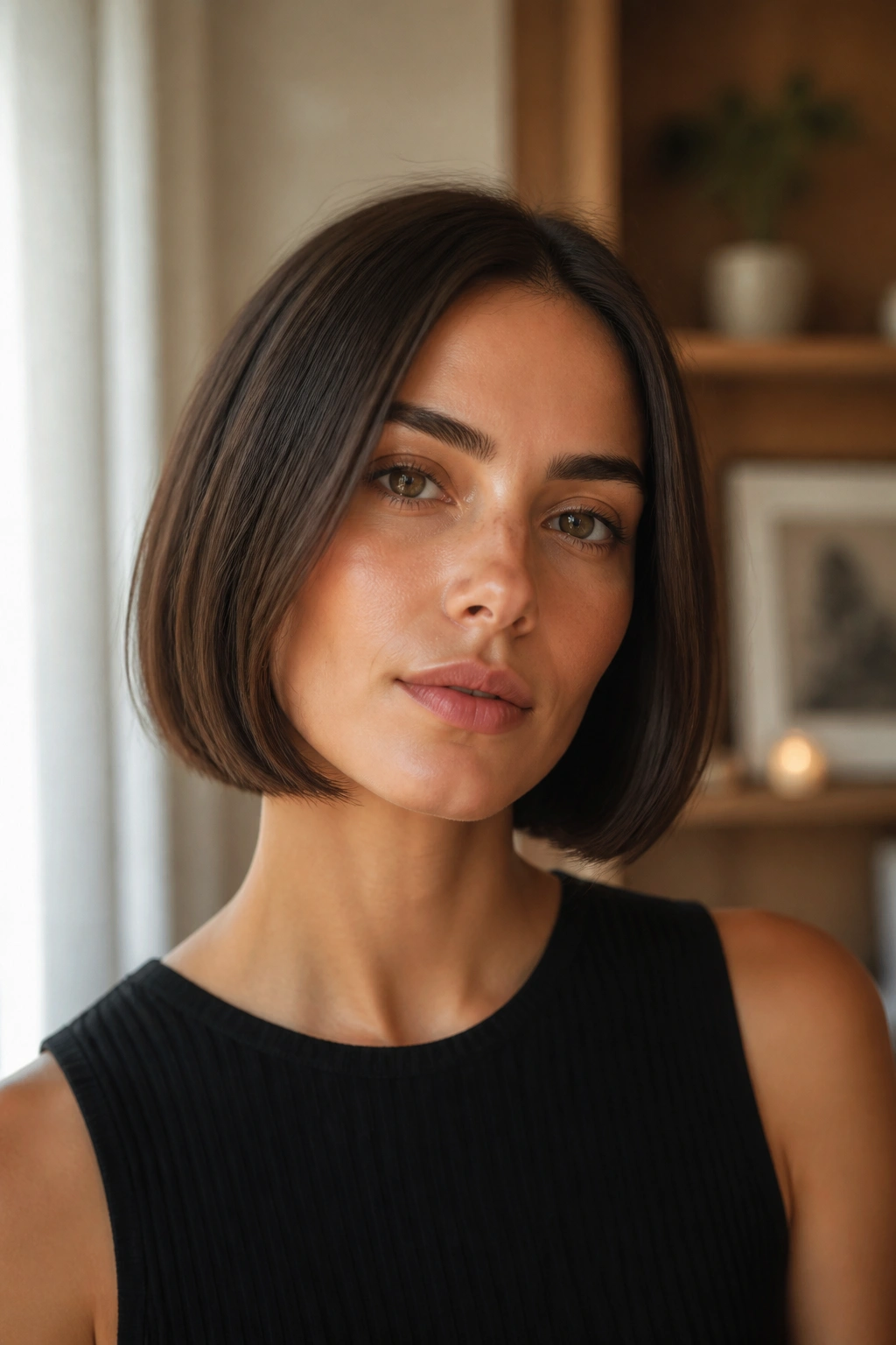 Close-up portrait of a real woman with a chin-length blunt bob framed by window light