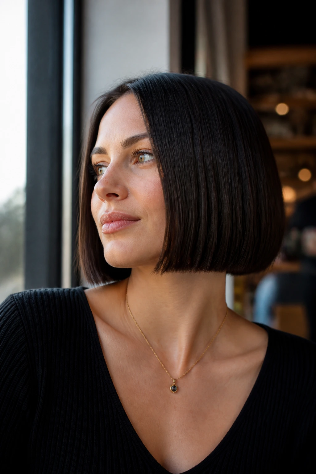 Close-up of a real woman with a blunt chin-length bob in cafe daylight