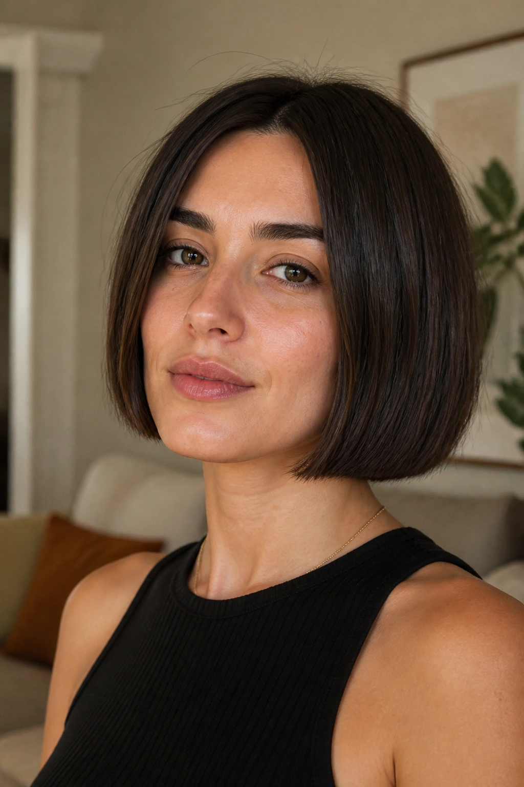 Real woman with blunt chin-length bob portrait in soft indoor light.