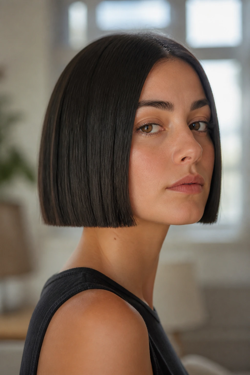 Close-up portrait of a person with a classic blunt bob, chin-length and sleek