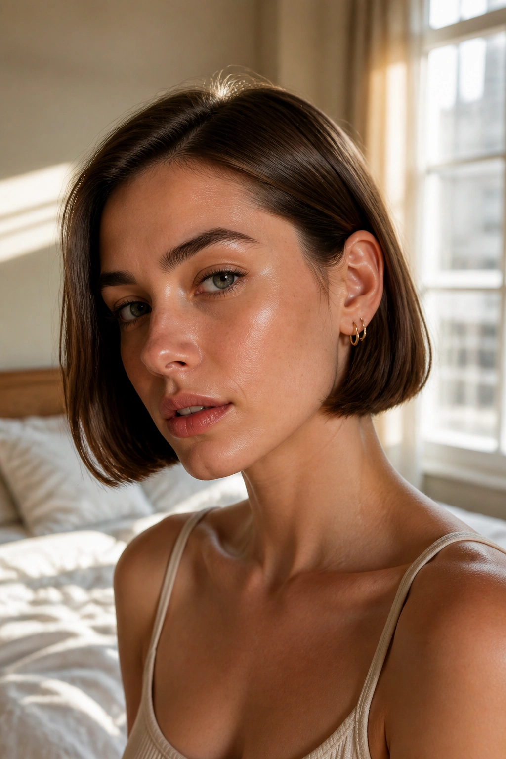 Close-up of a woman with chin-length blunt bob and tucked ears in warm window light