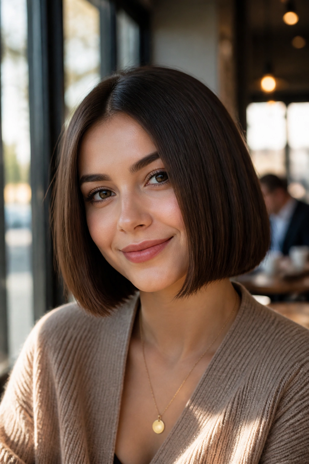 Real woman with chocolate brown blunt bob hairstyle in a well-lit cafe