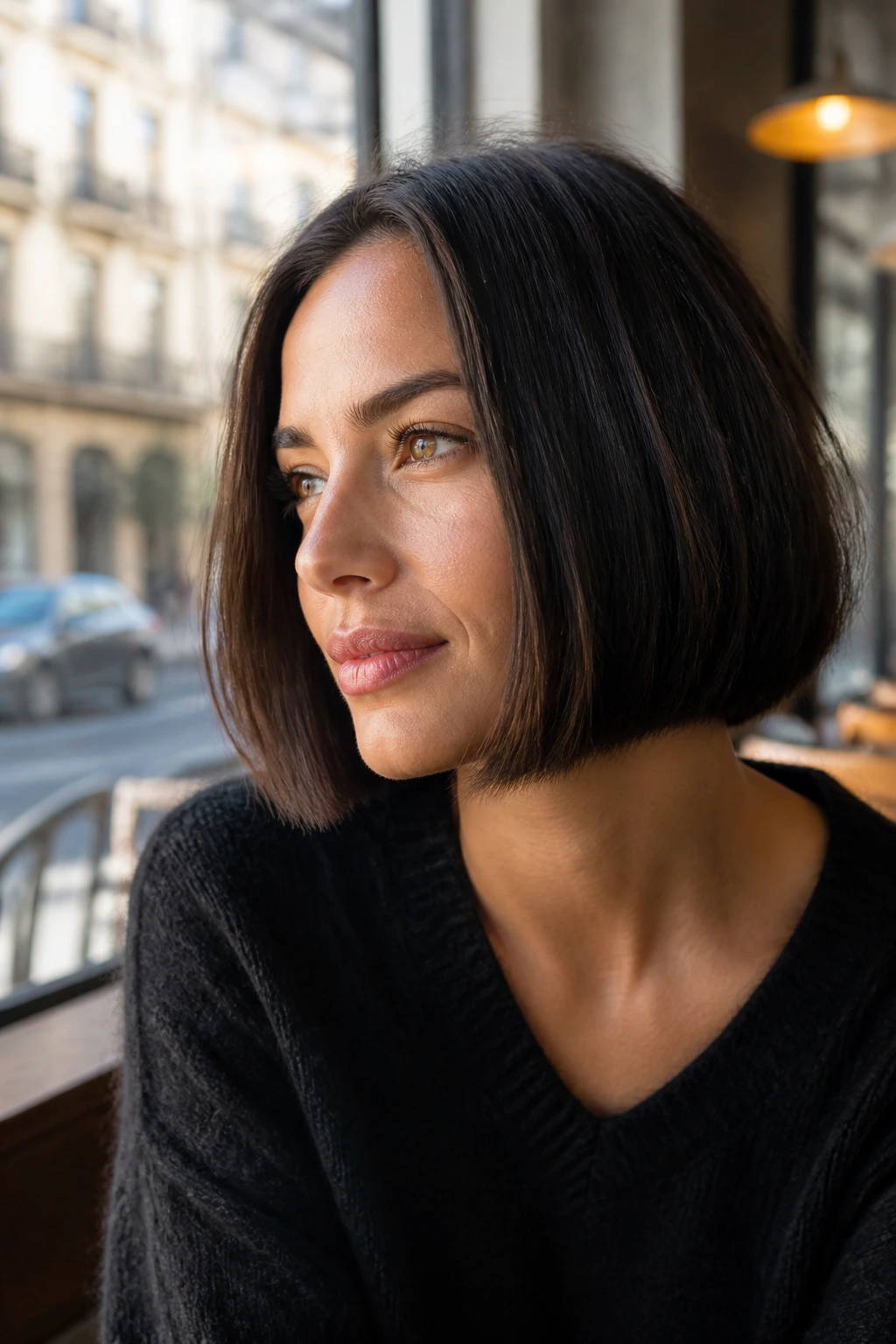 Close-up of a woman with a chin-length blunt bob on coarse hair, warm window light