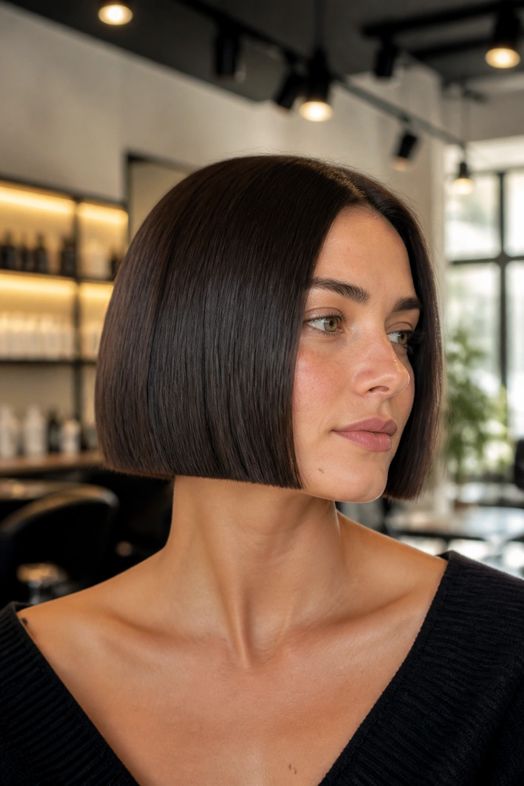 Close-up of a real woman with a crisp blunt bob at jaw-to-neck length.