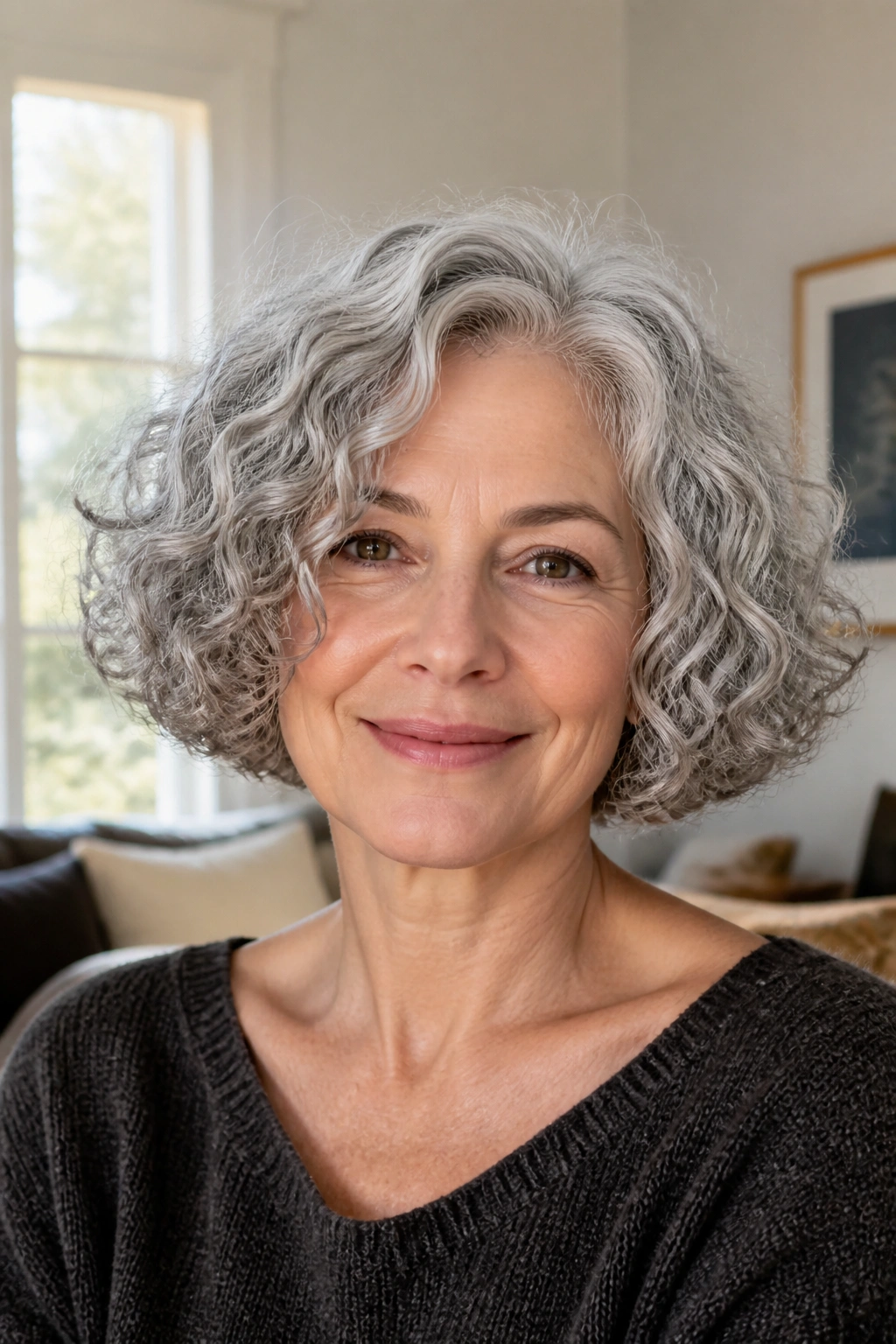 Real woman with blunt curly bob and soft ends in a cozy room