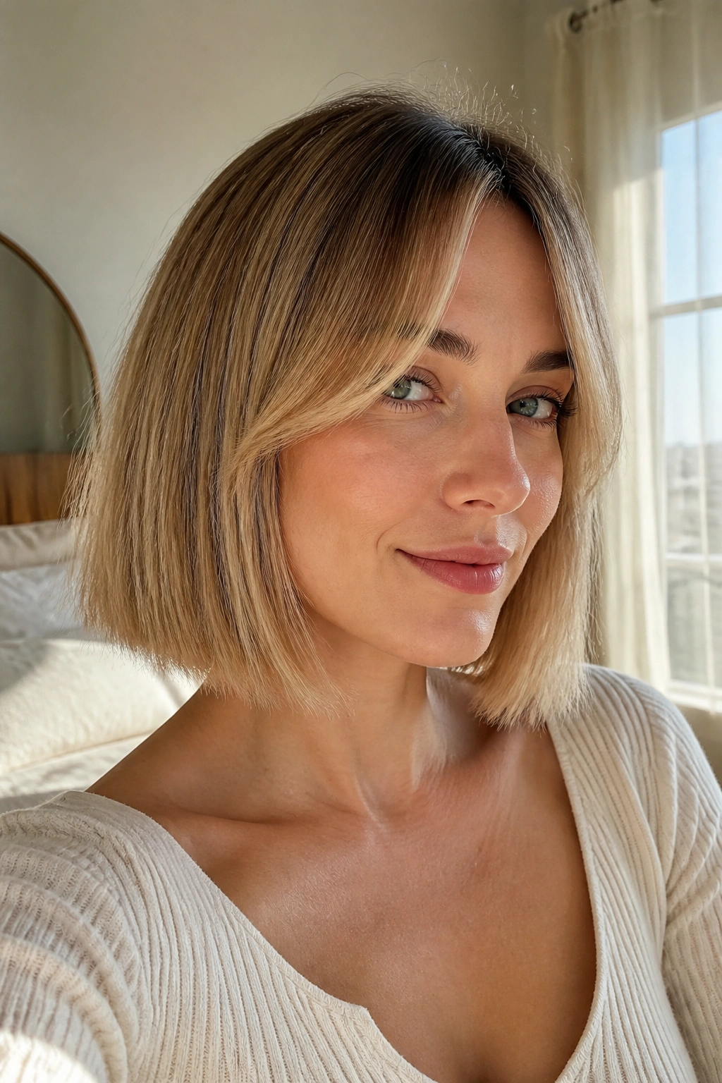 Close-up of a real woman with Blunt Bob With Curtain Bangs under soft window light