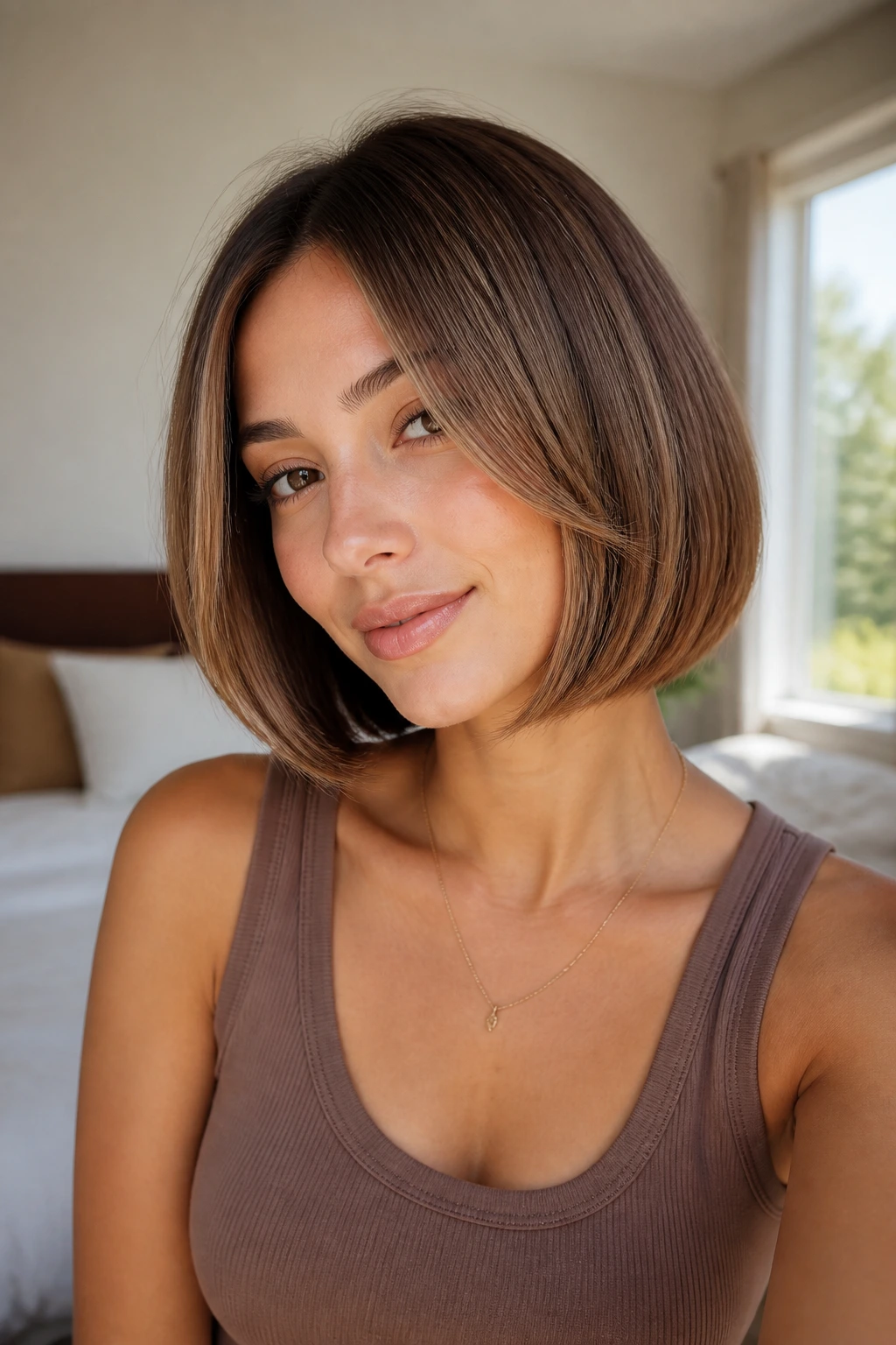 Close-up of a woman with a blunt bob and curved face frame
