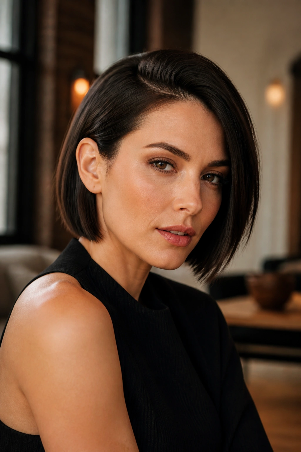 Portrait of a real woman with deep side-part blunt bob in warm ambient light