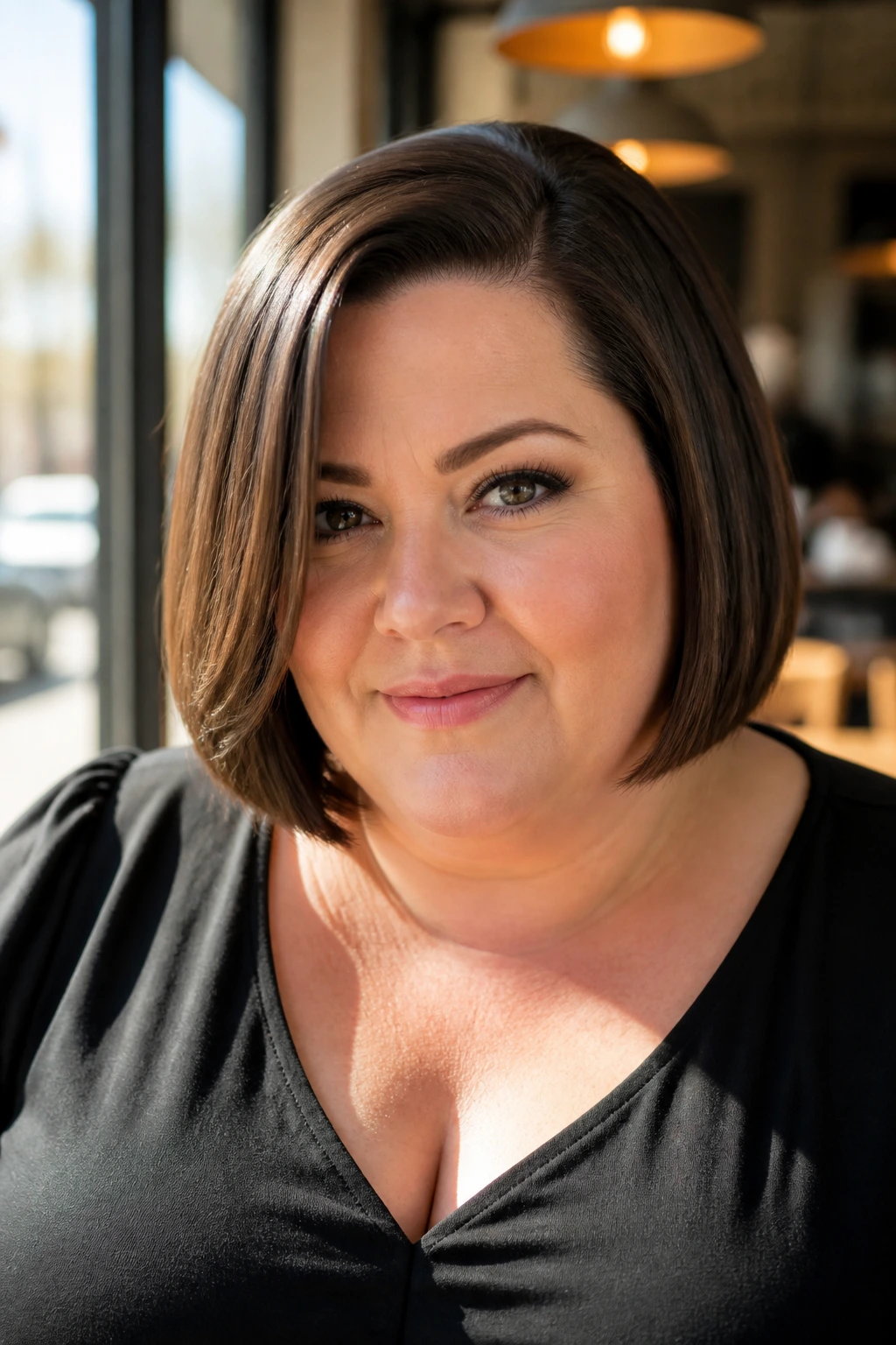 Close-up portrait of a plus-size woman with deep side-part blunt bob