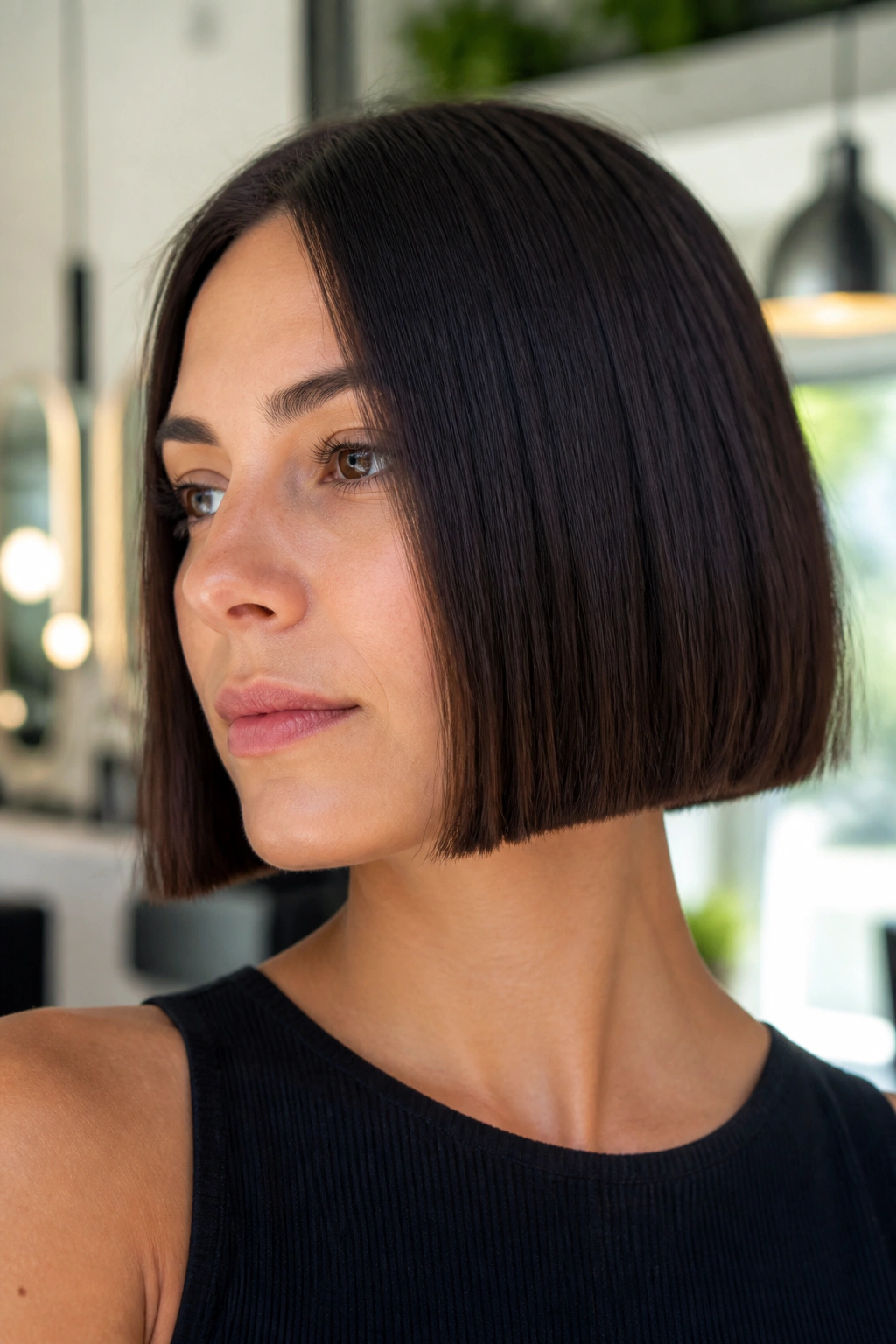 Portrait of real woman with blunt chin-length bob in a modern salon