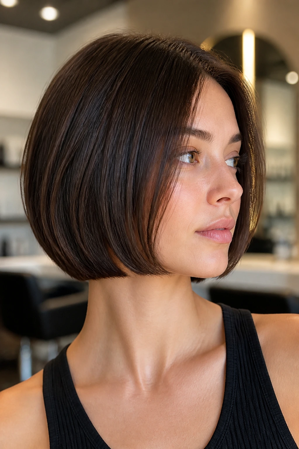 Close-up portrait of a real woman with thick blunt bob and internal layering