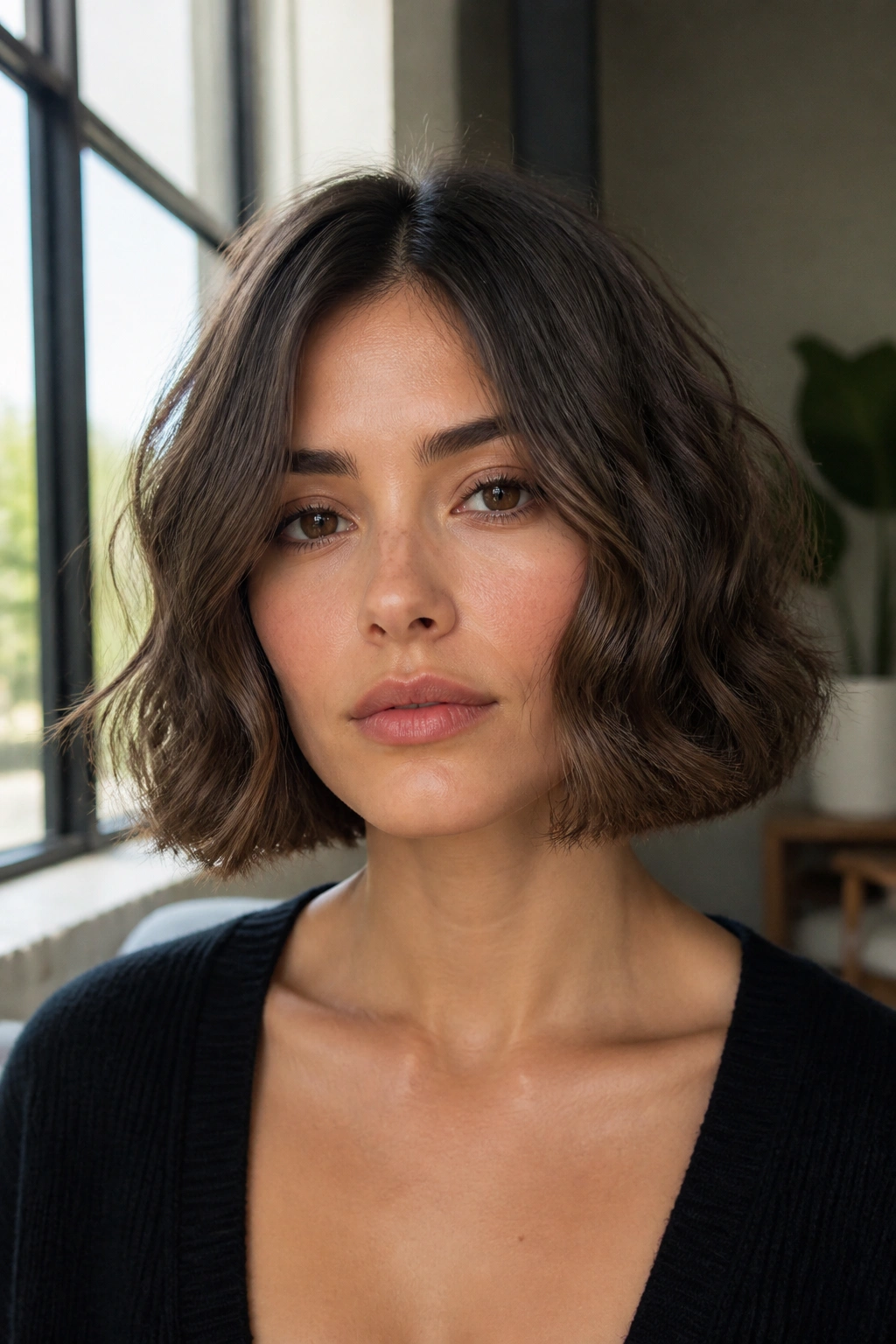 Close-up of a real woman with blunt bob and diffused waves in natural daylight