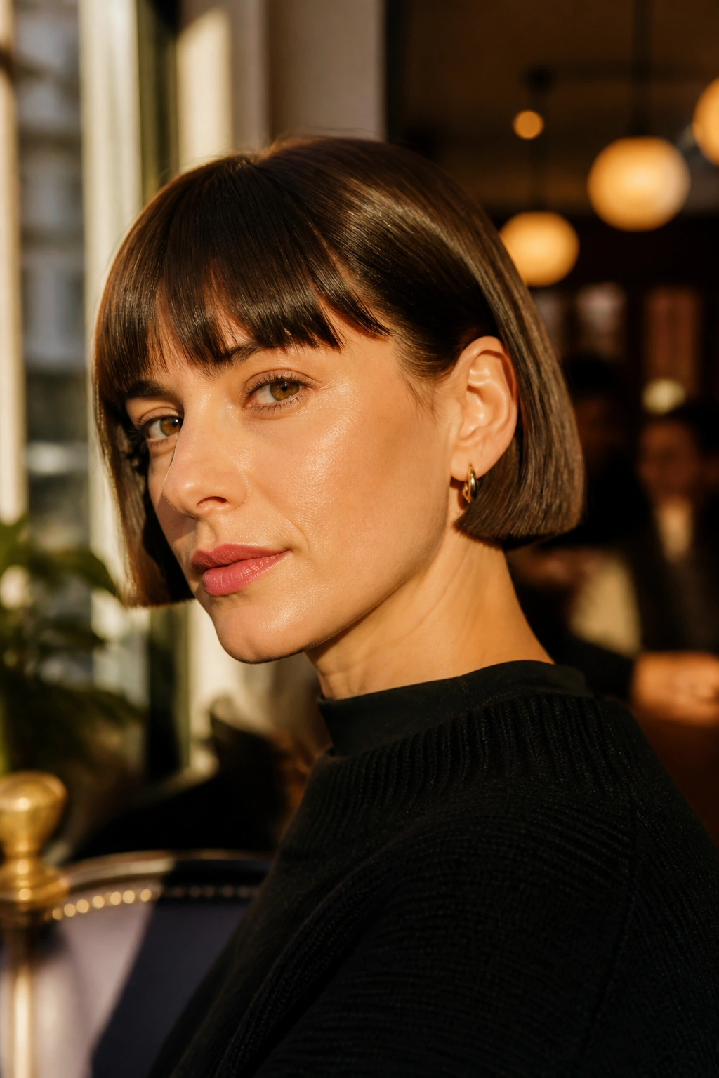 Portrait of a woman with blunt ear-hugging bob and sharp edge