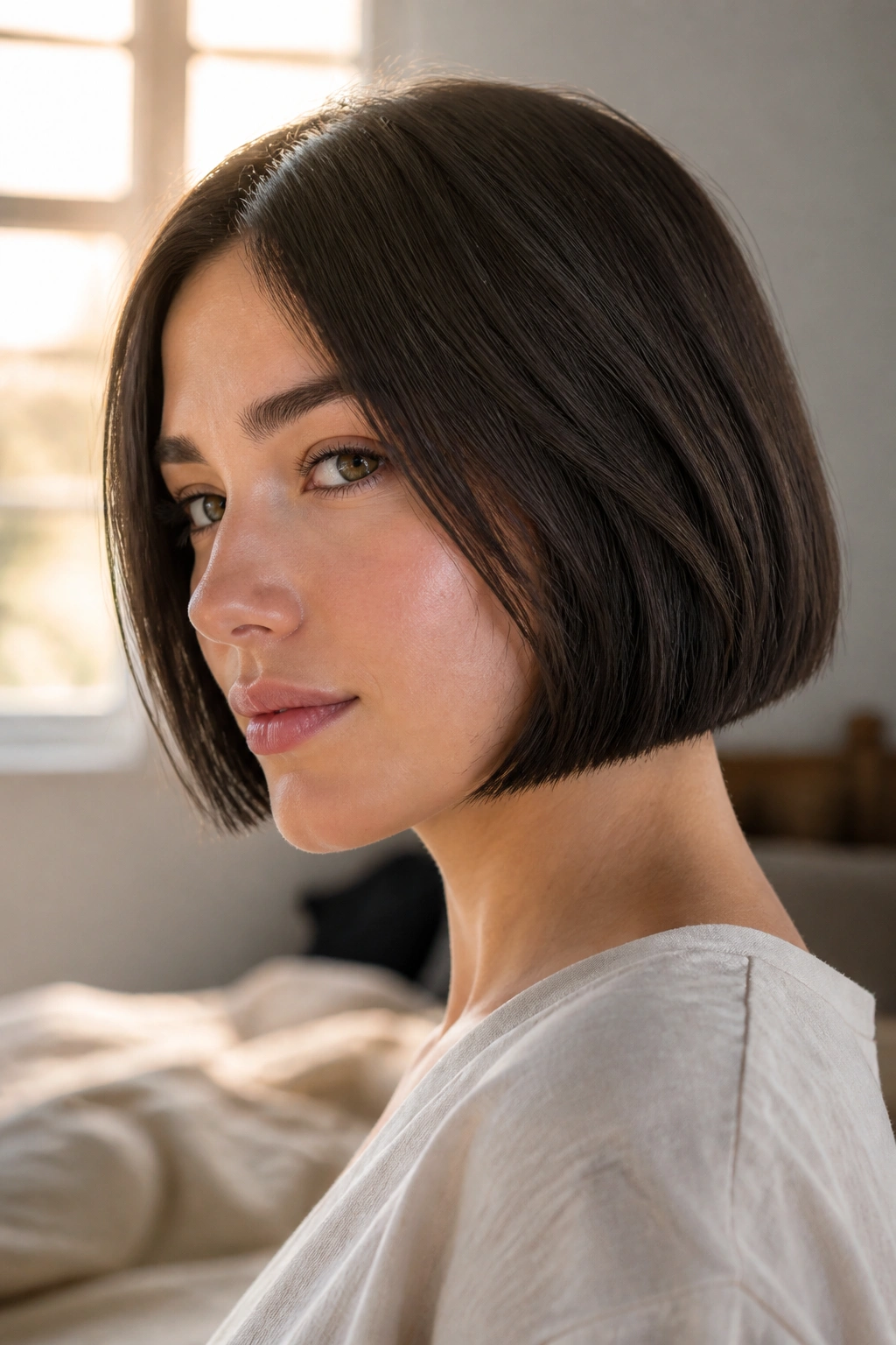 Close-up portrait of a real woman with blunt ear-length bob showing fuller hair in warm window light