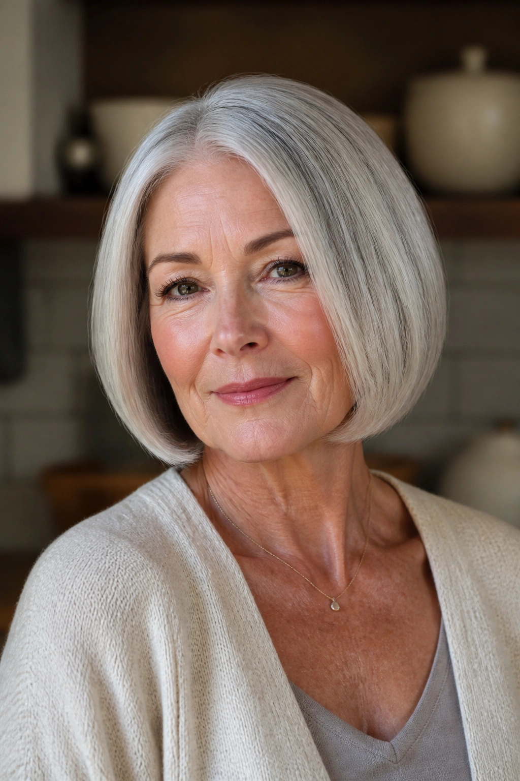 Close-up of a real 60s woman with blunt bob tucked-in ends in warm interior
