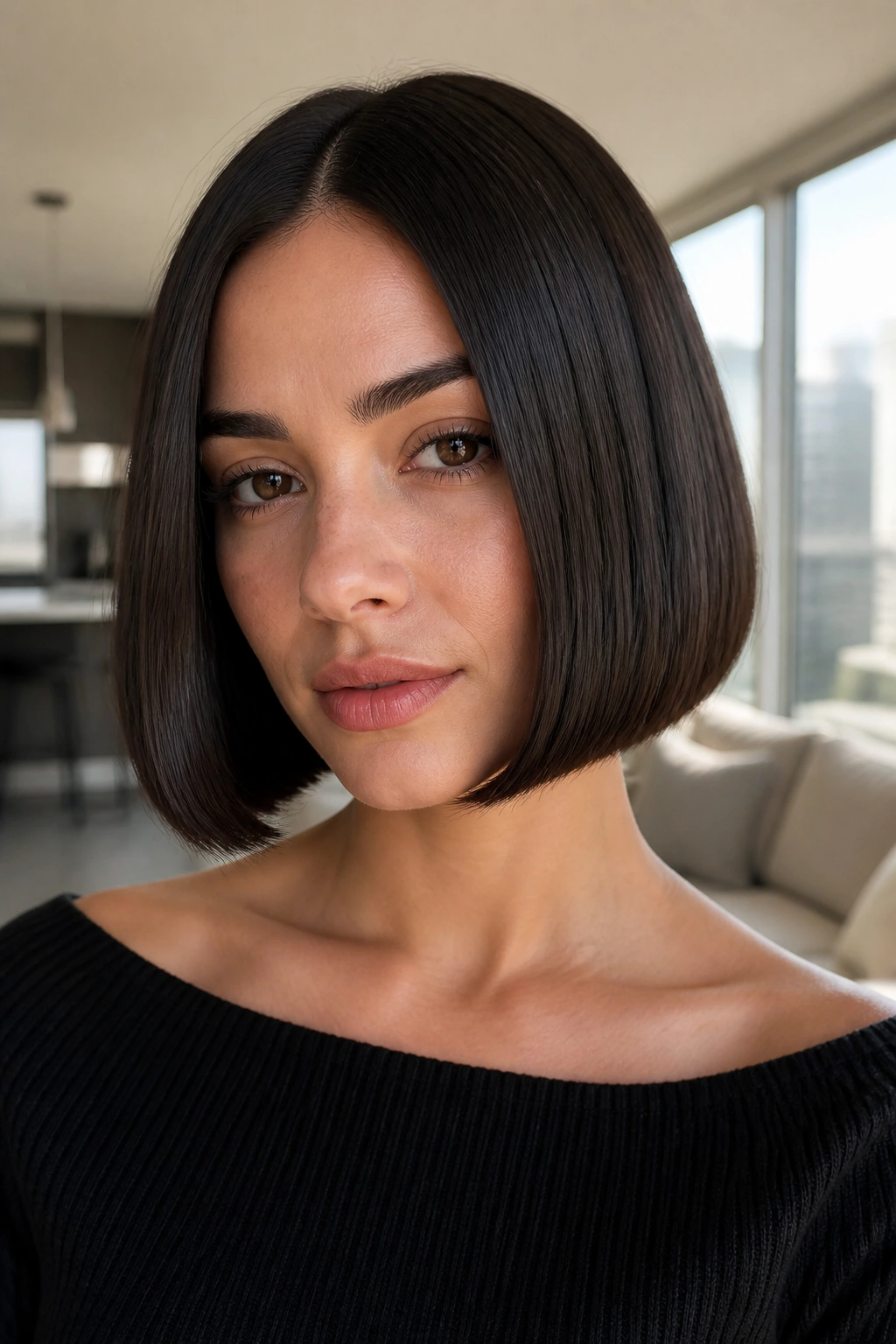 Close-up of a real woman with a sleek espresso blunt bob