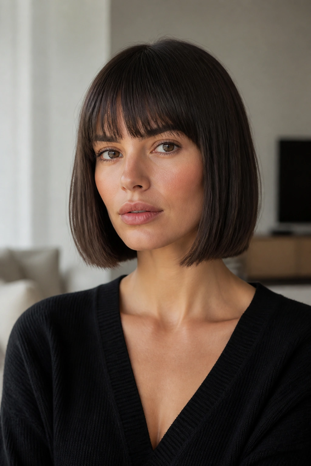 Close-up portrait of a real woman with blunt medium bob and eyebrow-grazing bangs