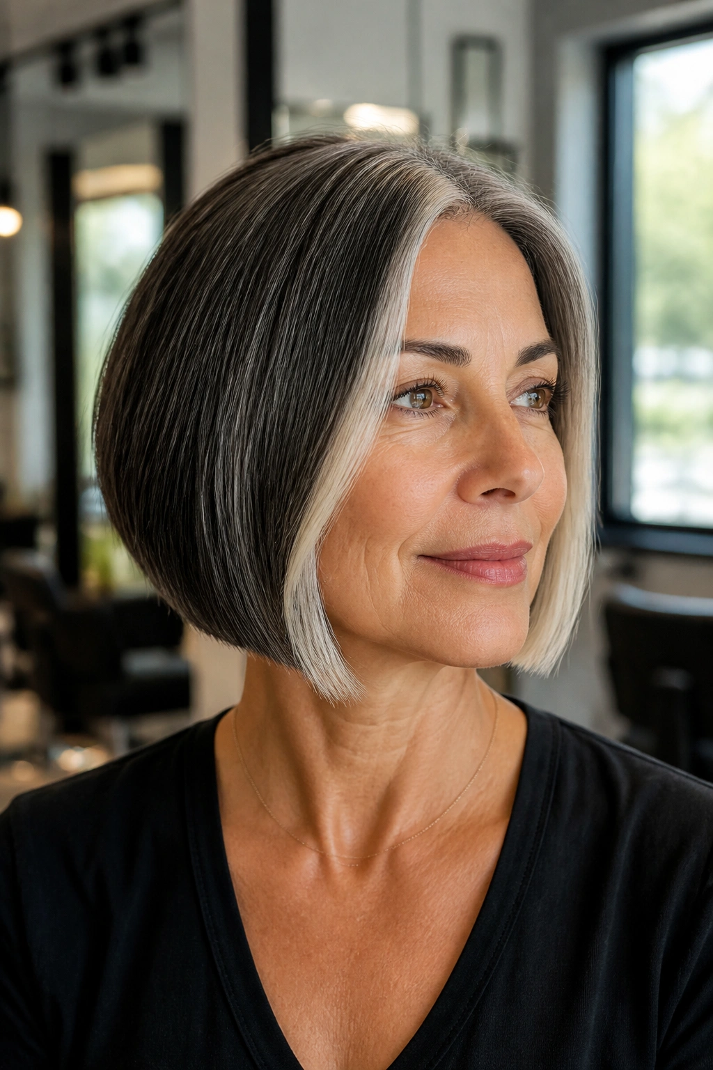 Close-up of a blunt chin-length bob with face-framing streaks on a real person in a bright salon