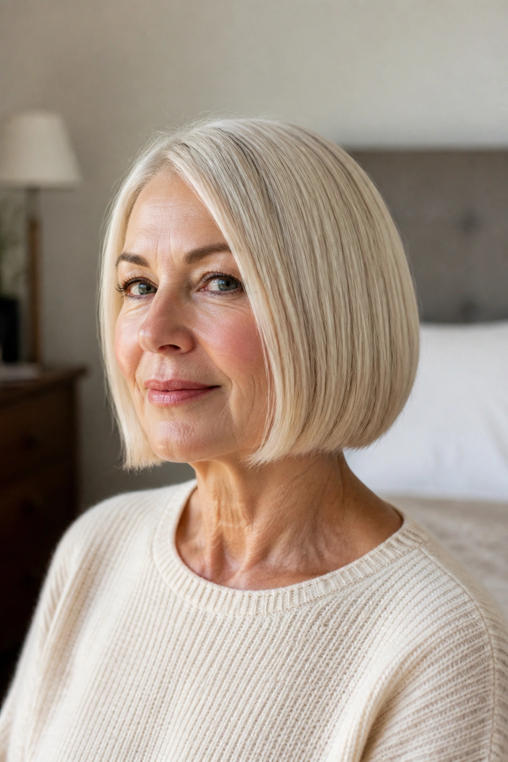 Close-up portrait of a real woman with a chin-length blunt bob for fine hair in warm window light