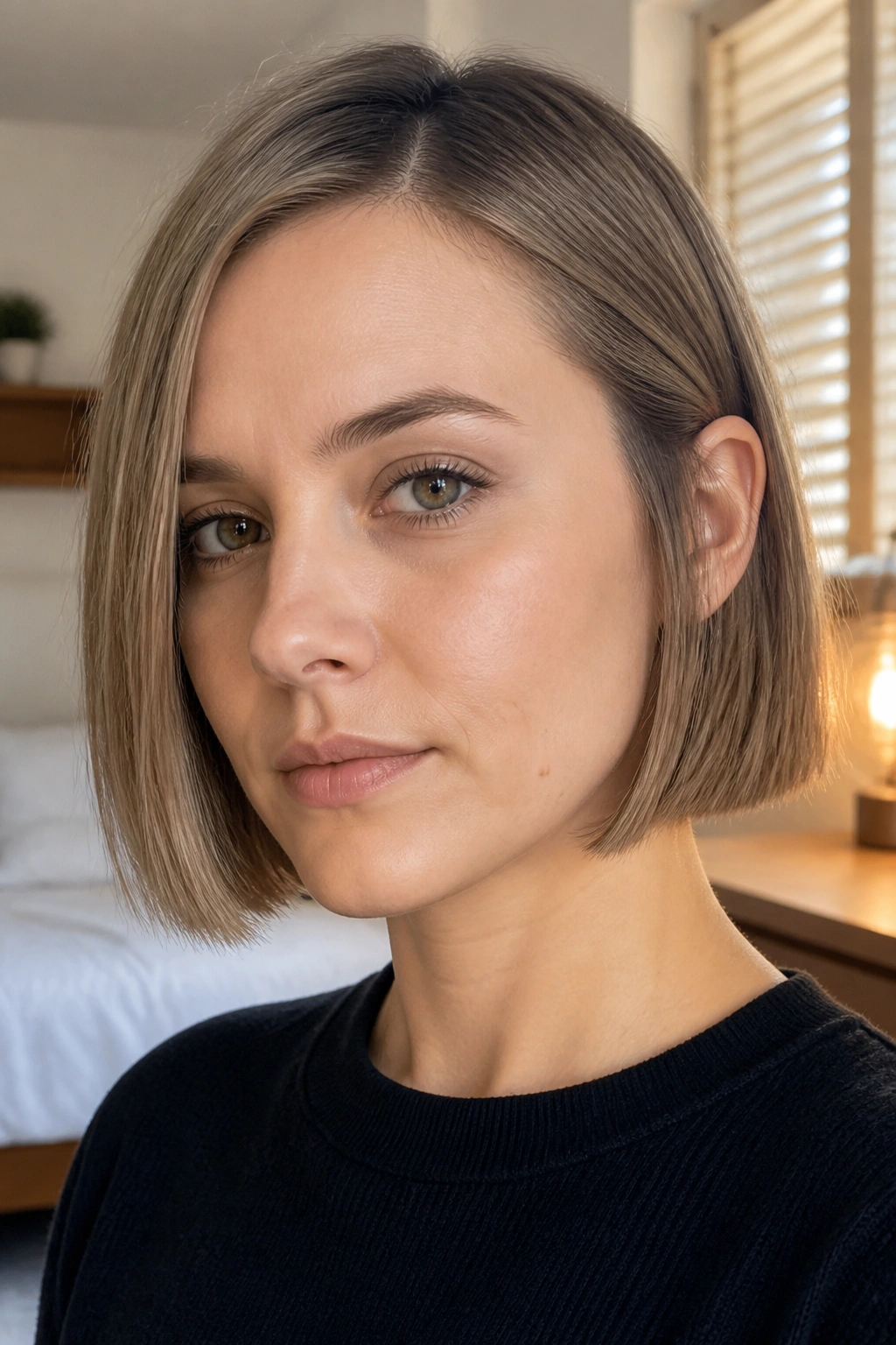 Close-up of blunt chin-length bob on a real woman with fine limp hair