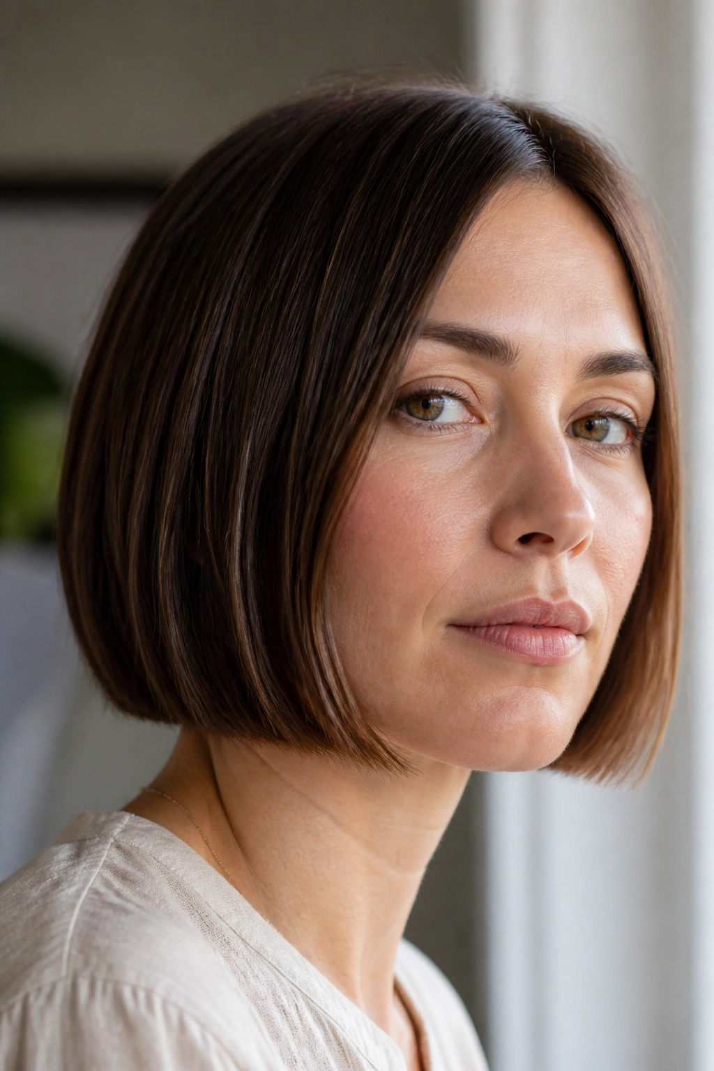 Close-up of a real woman wearing a chin-length blunt bob in soft light
