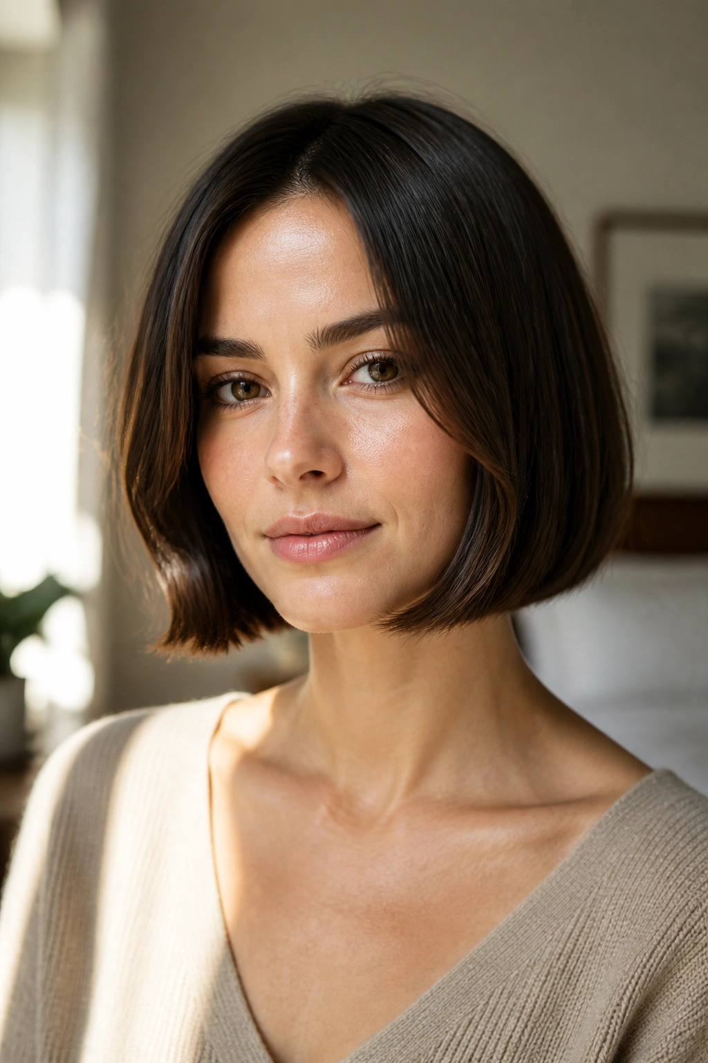 Close-up of a real woman wearing a chin-length blunt bob with soft face-framing ends