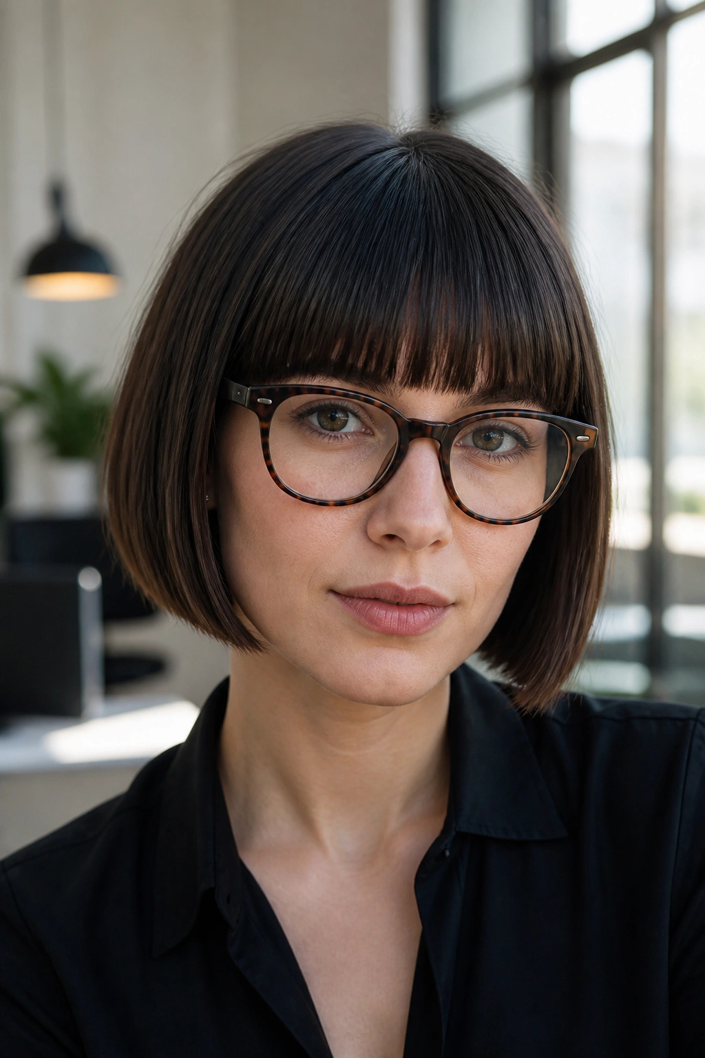 Close-up of woman with blunt bob and brow-skimming fringe near the glasses