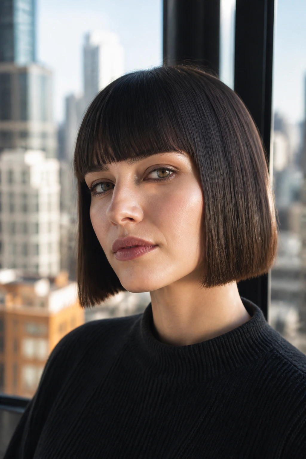Close-up portrait of a real woman with blunt bob fringe