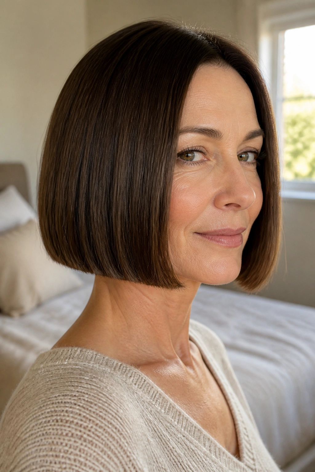 Close-up portrait of a real woman with a jaw-length blunt bob and glassy ends in warm window light
