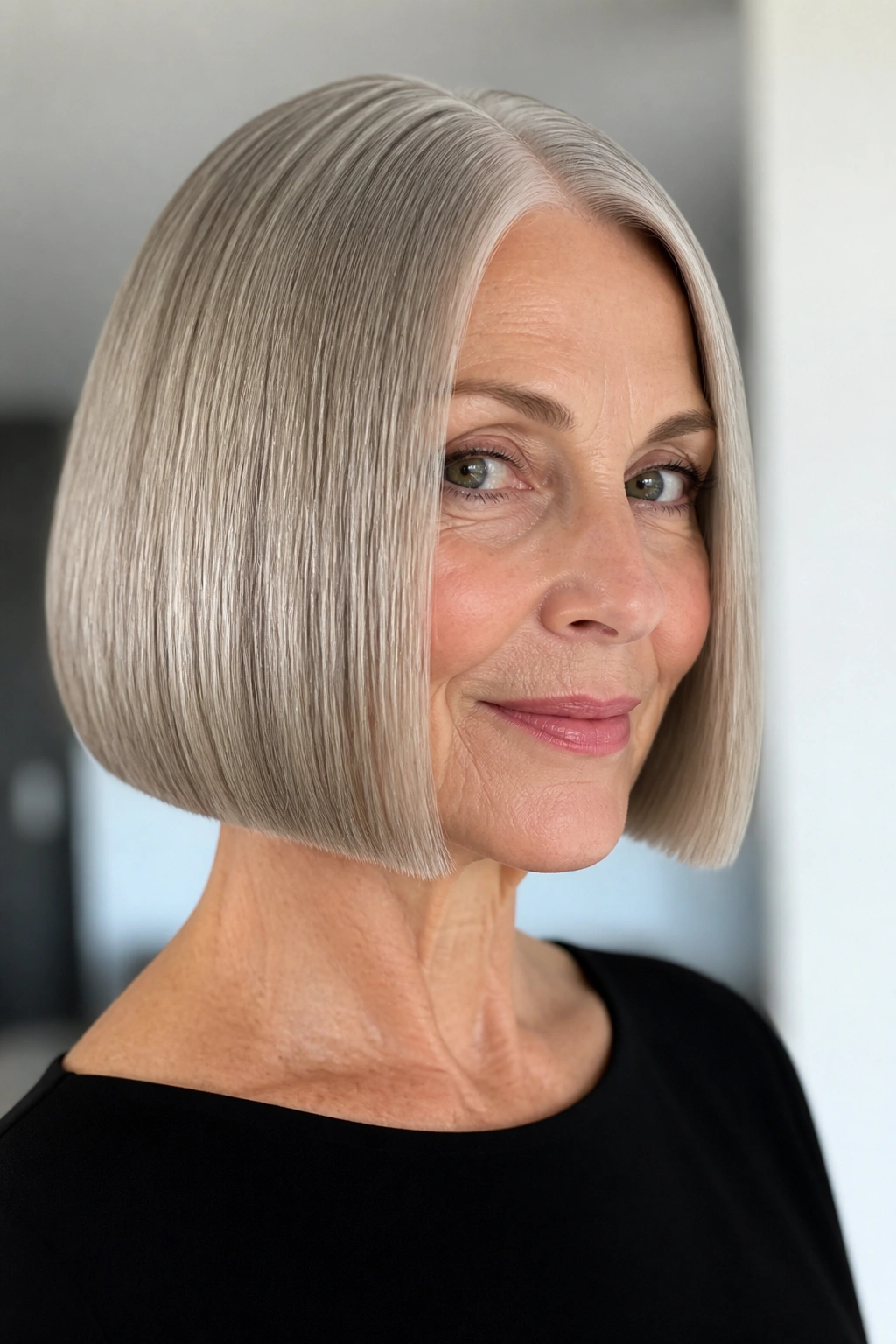 Real woman with blunt blunt bob glossy finish in bright interior light