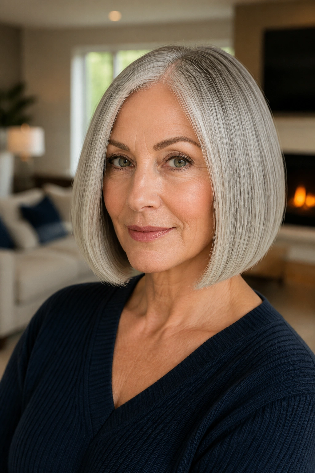 Close-up of a real woman with a blunt bob and gray hair in soft daylight