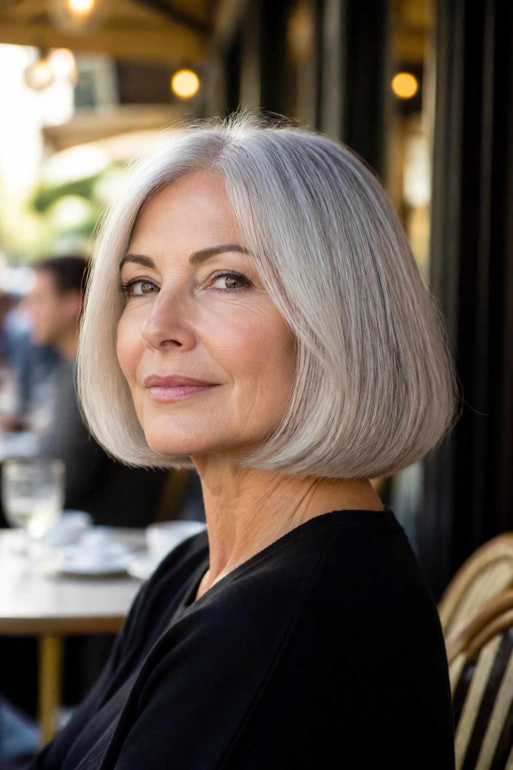 Close-up of an older woman with blunt bob and soft-ended silhouette