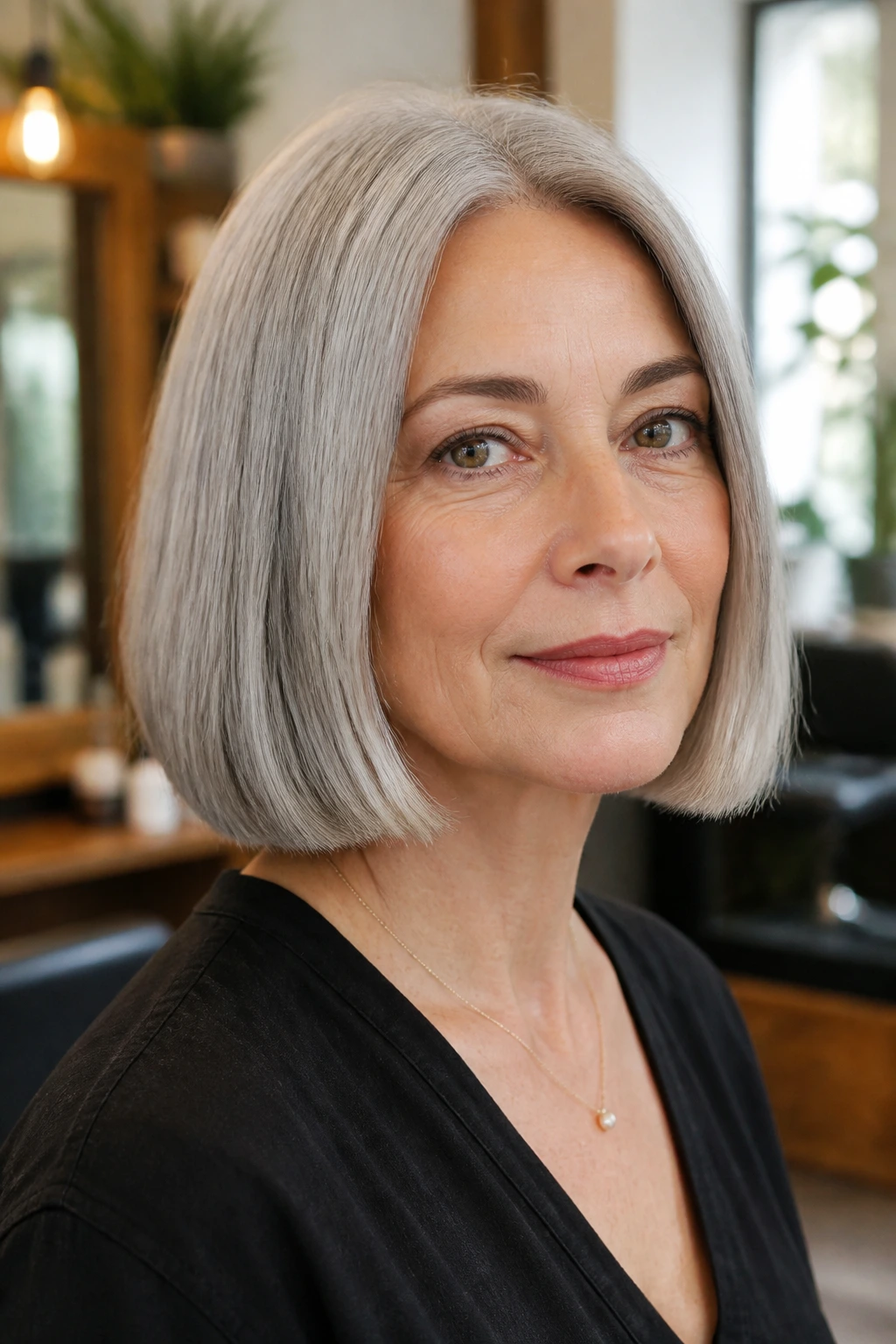 Close-up of a woman with a blunt bob with clean edges and gray hair
