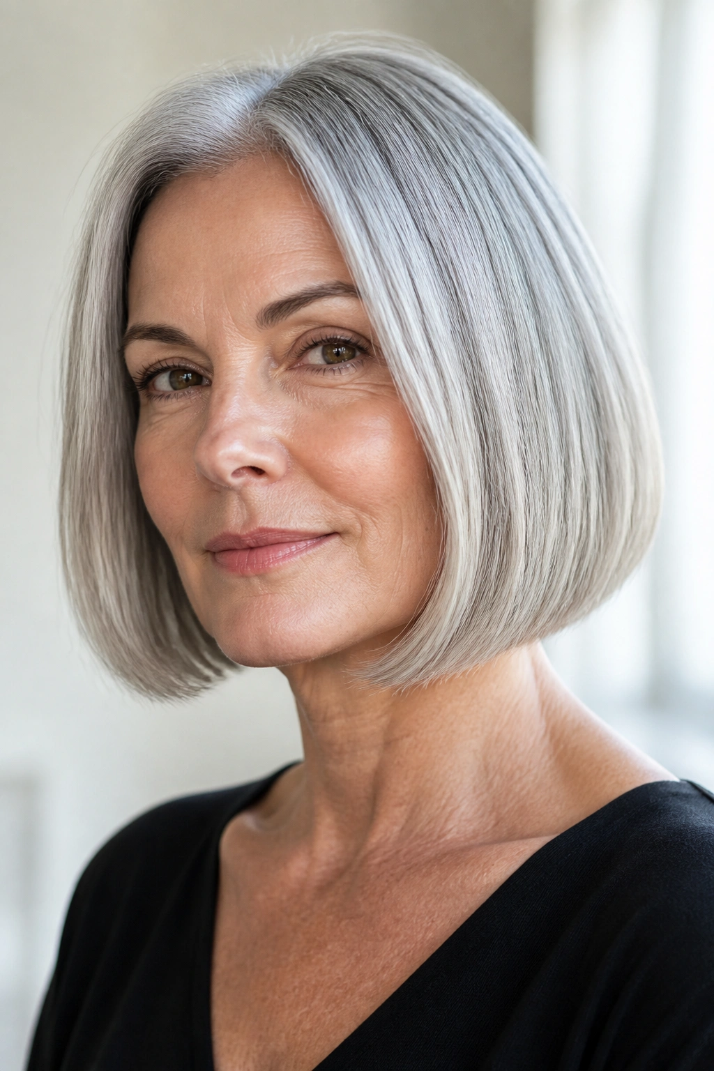 Portrait of a real woman with a blunt chin-length gray bob