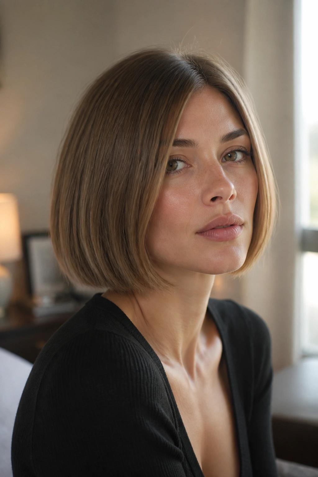 Close-up portrait of a real woman with a blunt chin-length bob and off-center part