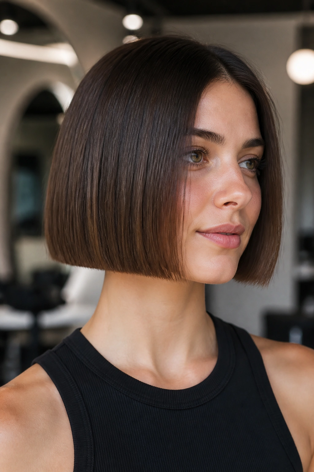 Close-up of a person with chin-length blunt varsity bob in a modern salon