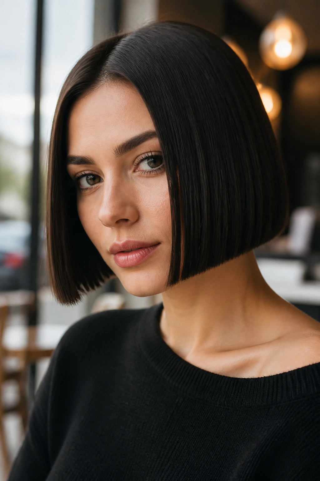 Real woman with jaw-length blunt bob in soft cafe light