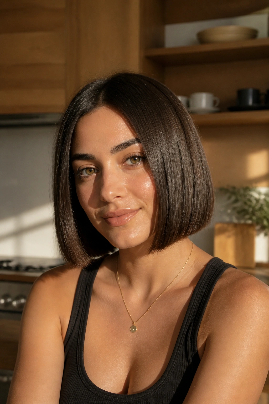 Close-up portrait of a real woman with a blunt bob hairstyle