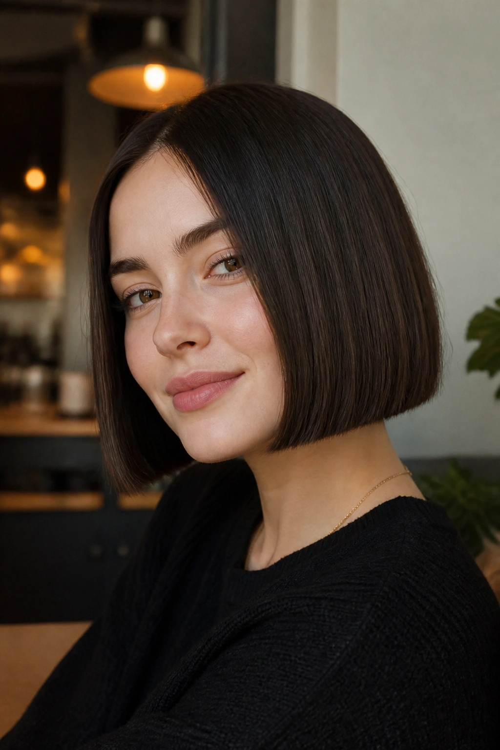 Close-up of a real woman with a blunt chin-length bob in cafe lighting